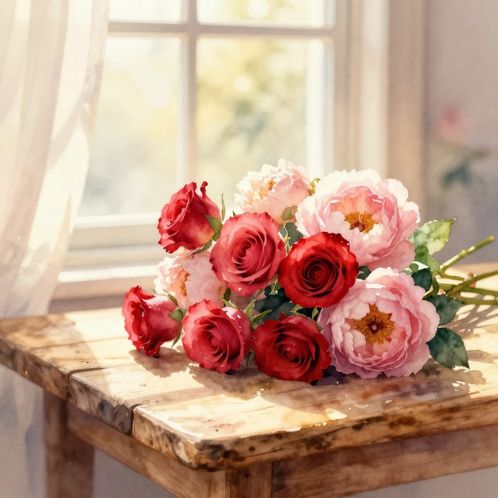 A beautiful watercolor painting depicting a delicate bouquet...