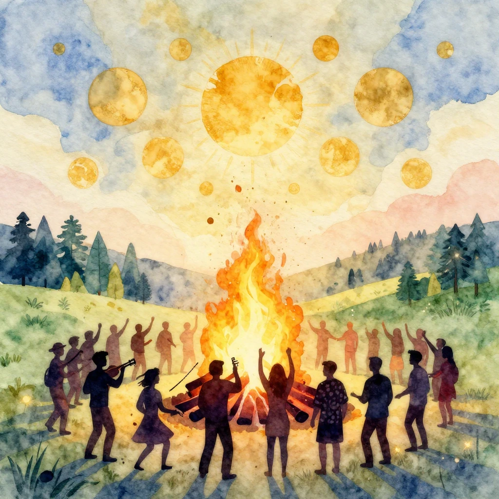 Watercolor style. Silhouette of a festive crowd around a lar...