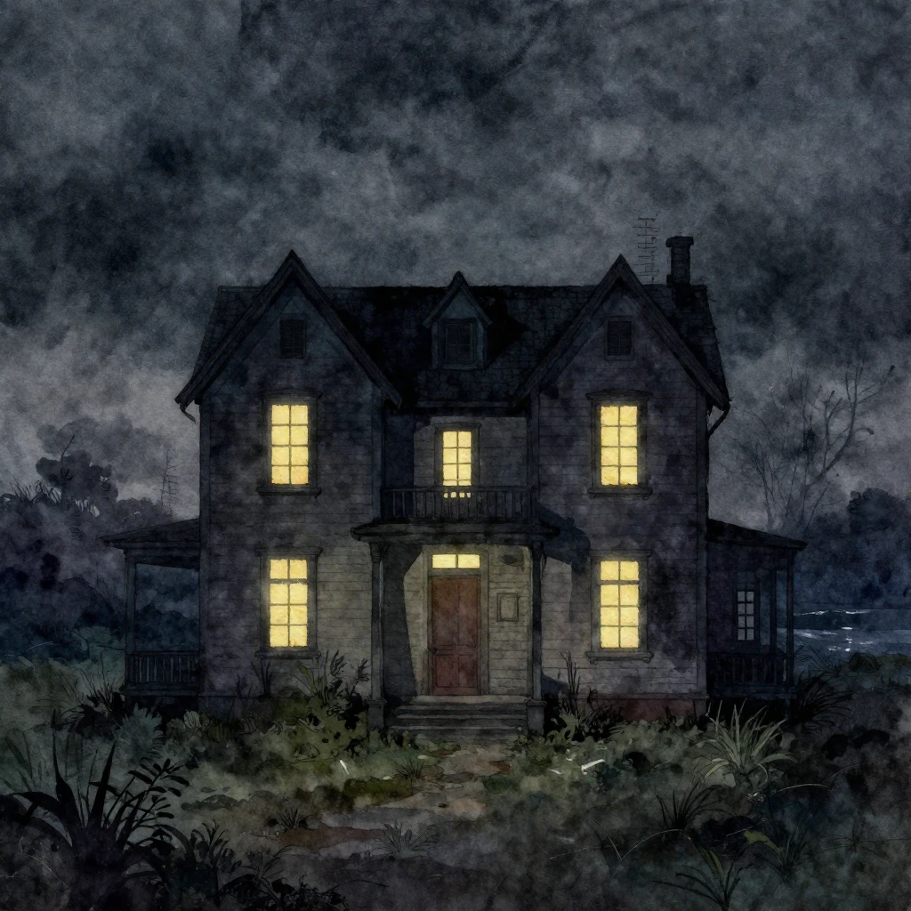 An eerie illustration of an old, isolated house at night, wi...