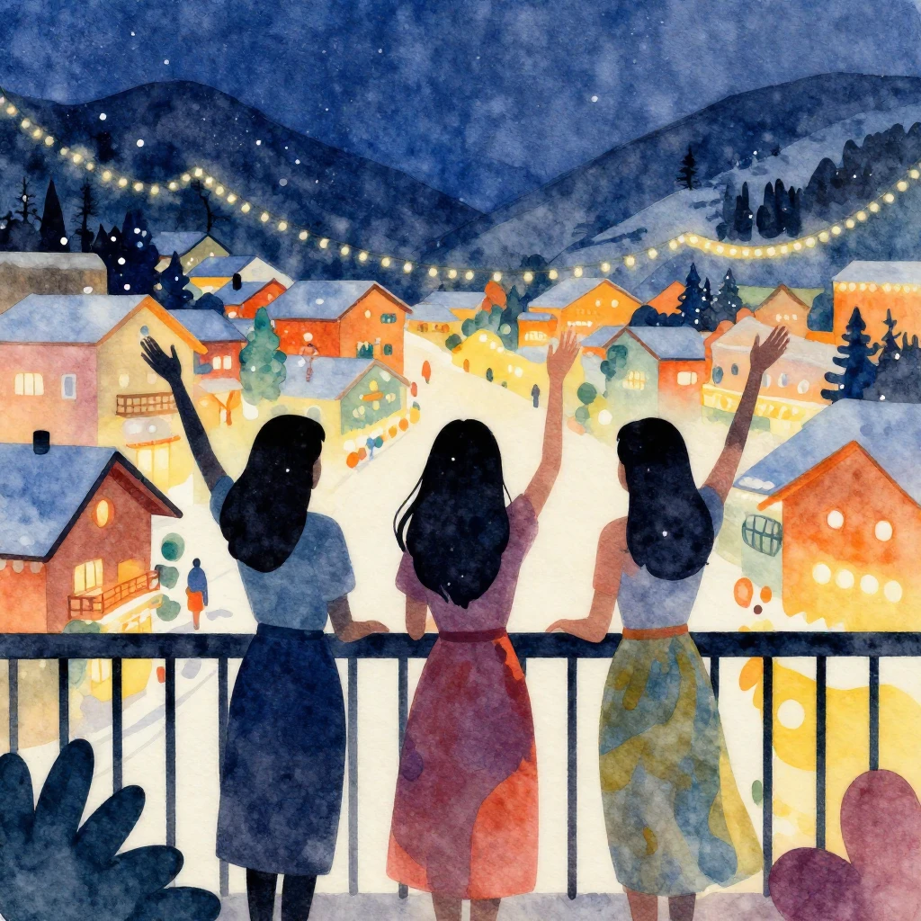 Watercolor style illustration of three women silhouettes cel...