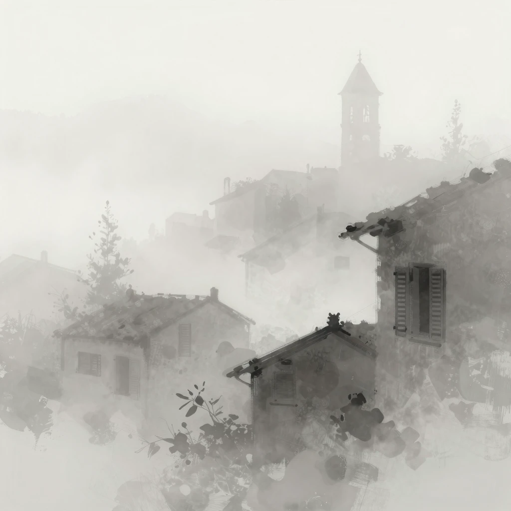 Stylized artistic illustration of a village hidden in fog, o...