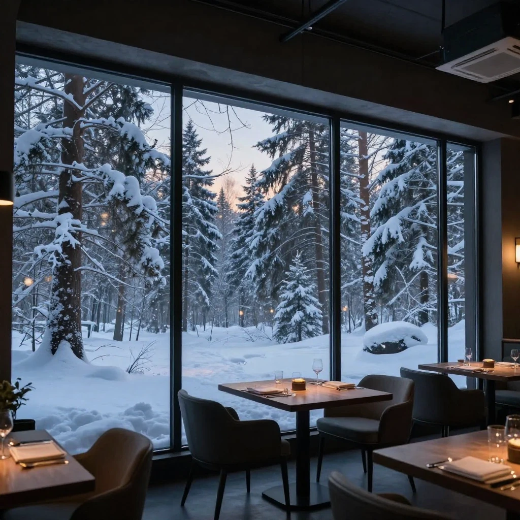 A modern restaurant interior with expansive windows showcasi...