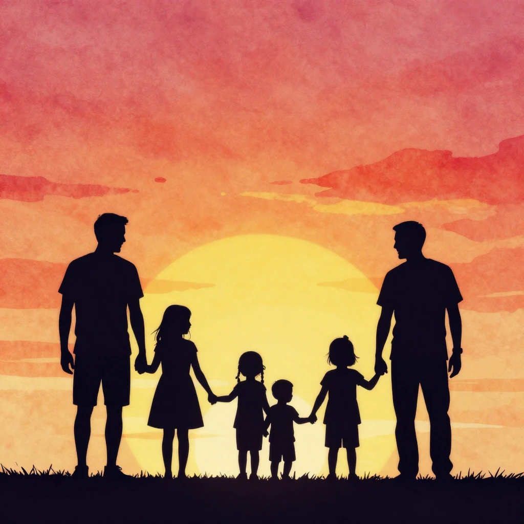 Minimalist silhouettes of a large happy family standing toge...