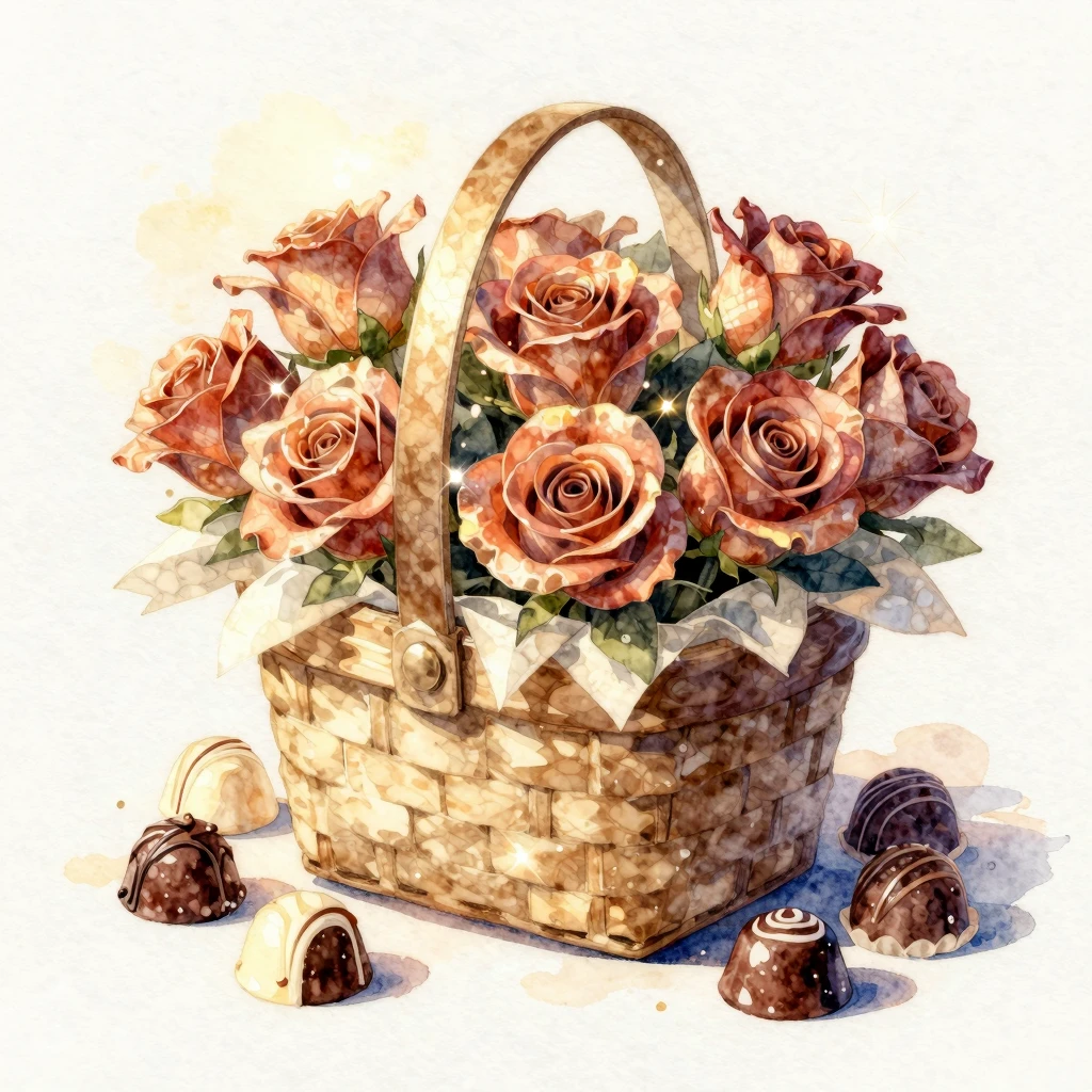 A watercolor painting of a decorative gift basket, overflowi...