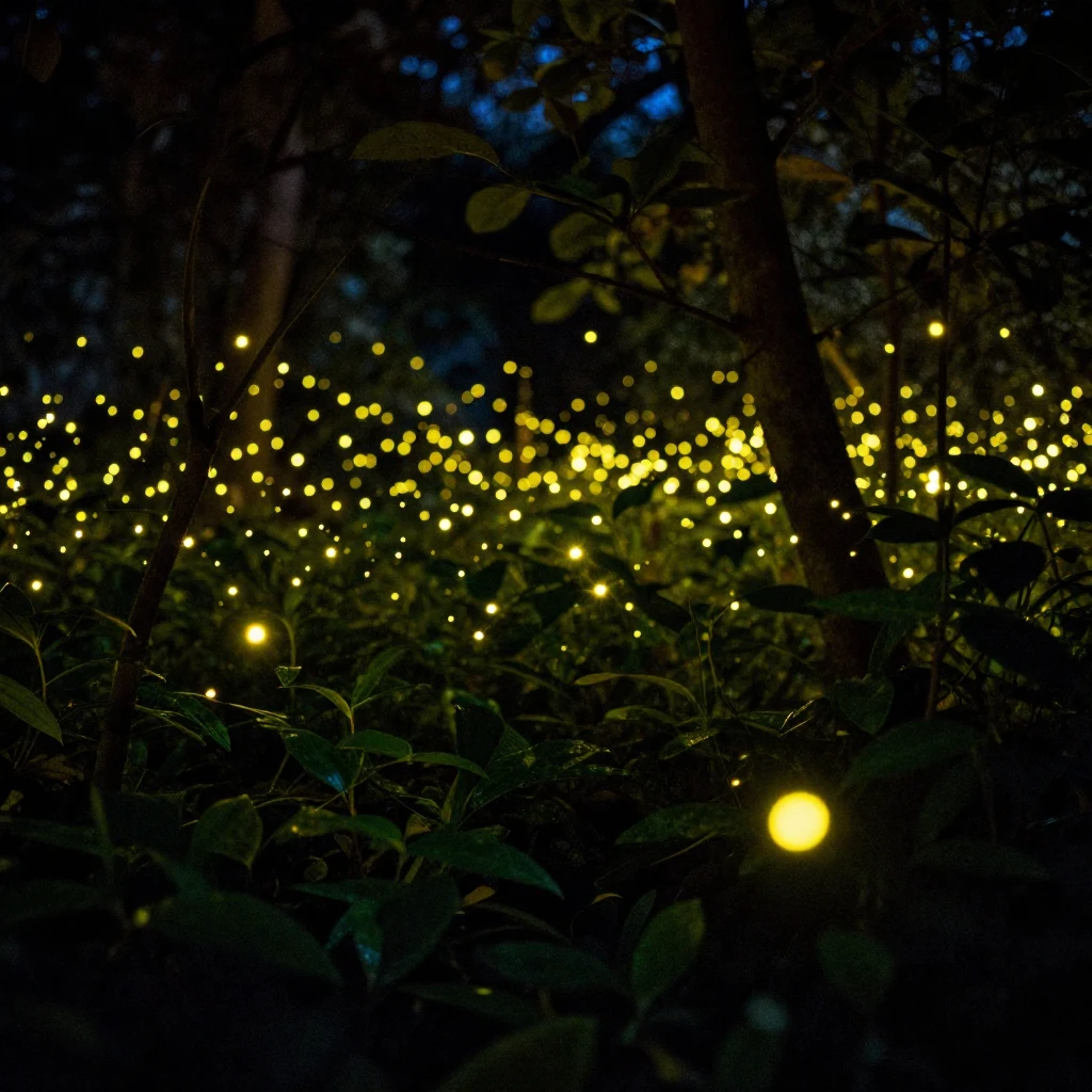 A dark, lush garden scene at night, filled with numerous tin...