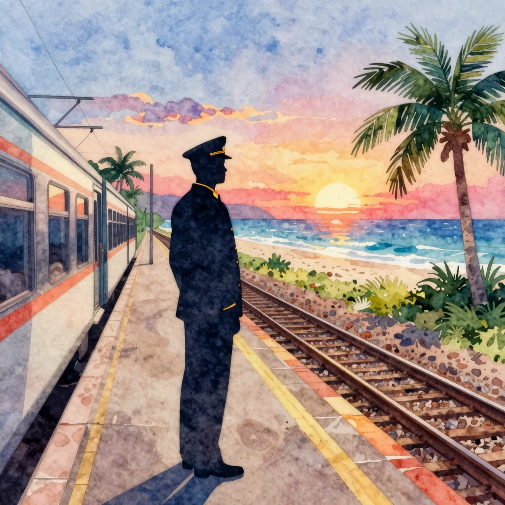 Vibrant watercolor style. A stylized silhouette of a train c...