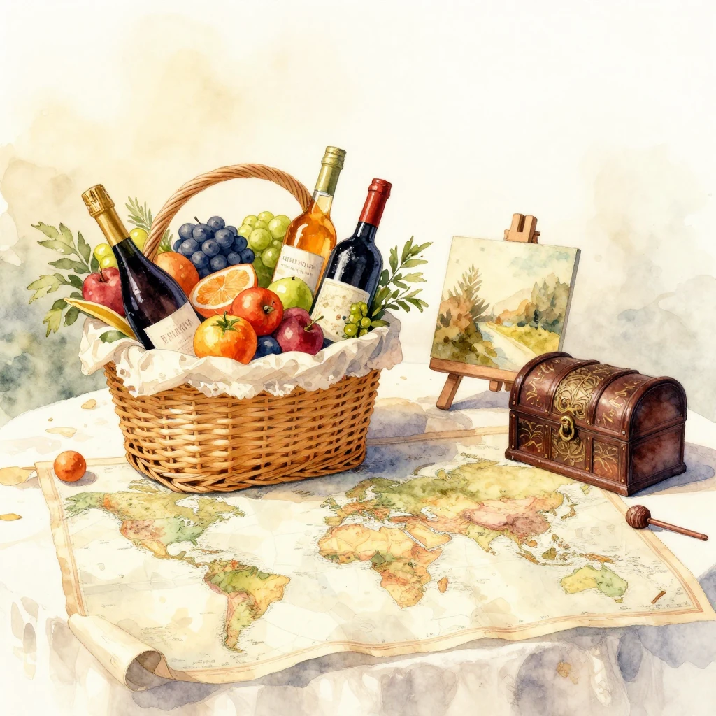 Watercolor painting of a festive table with a gourmet gift b...