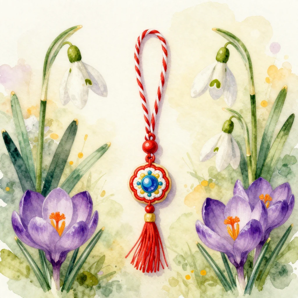 A vibrant watercolor painting of a traditional Mărțișor char...