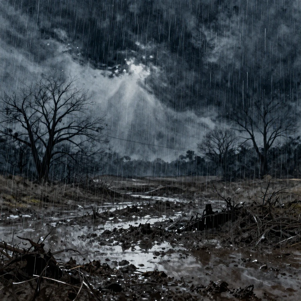 Watercolor style. Heavy rain falling in a dark gloomy landsc...