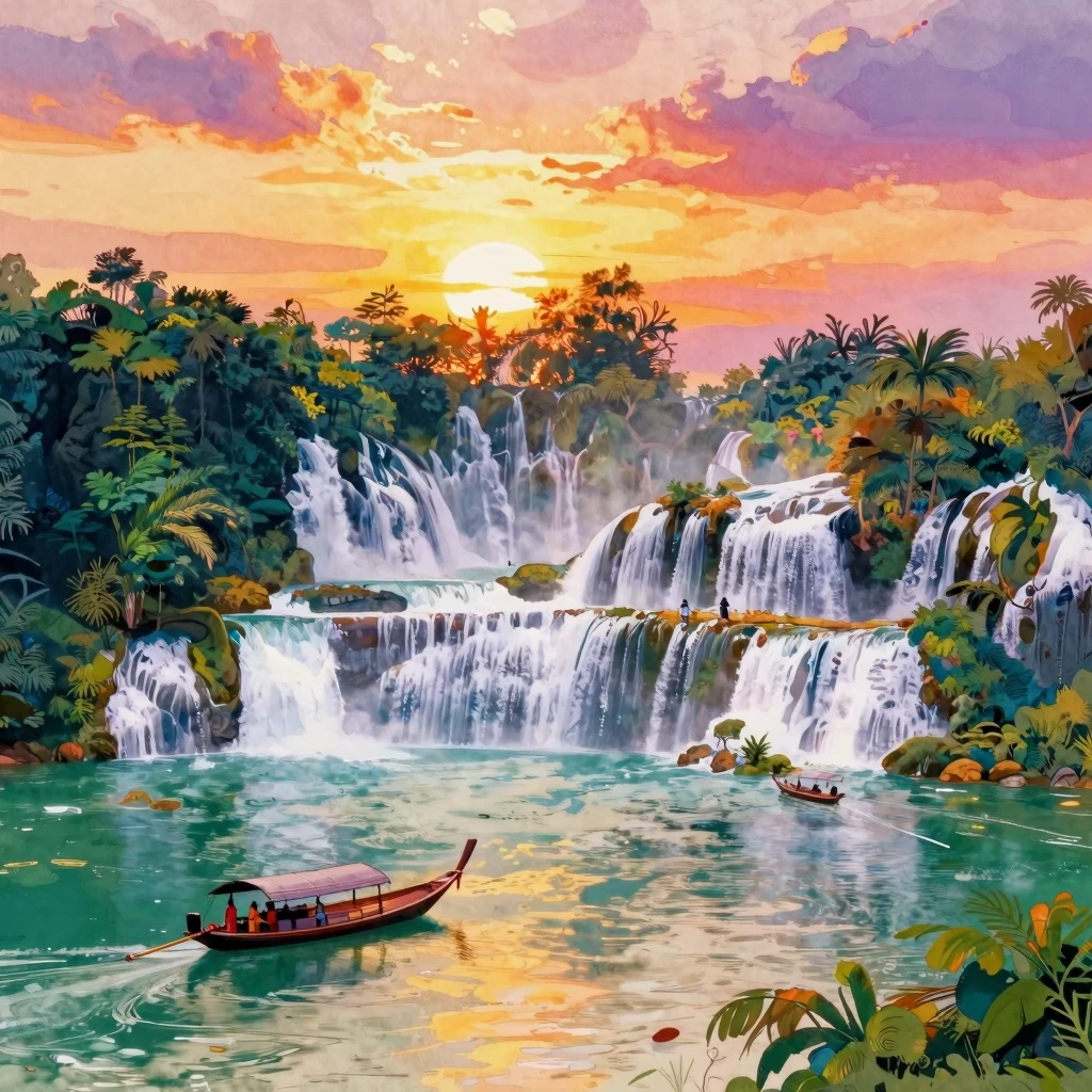 Vibrant watercolor painting of Khone Phapheng waterfall at s...