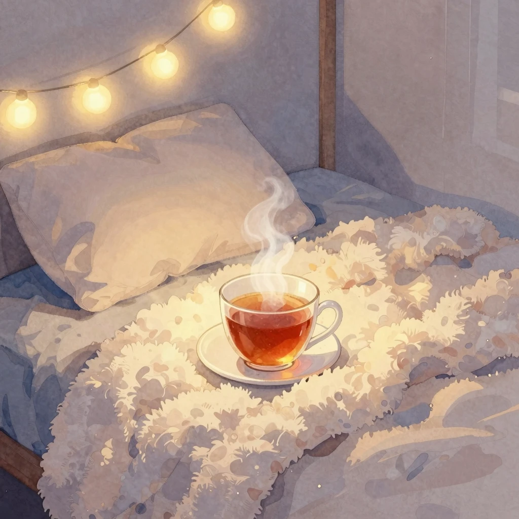 Watercolor style evening relaxation scene, cozy bedroom with...