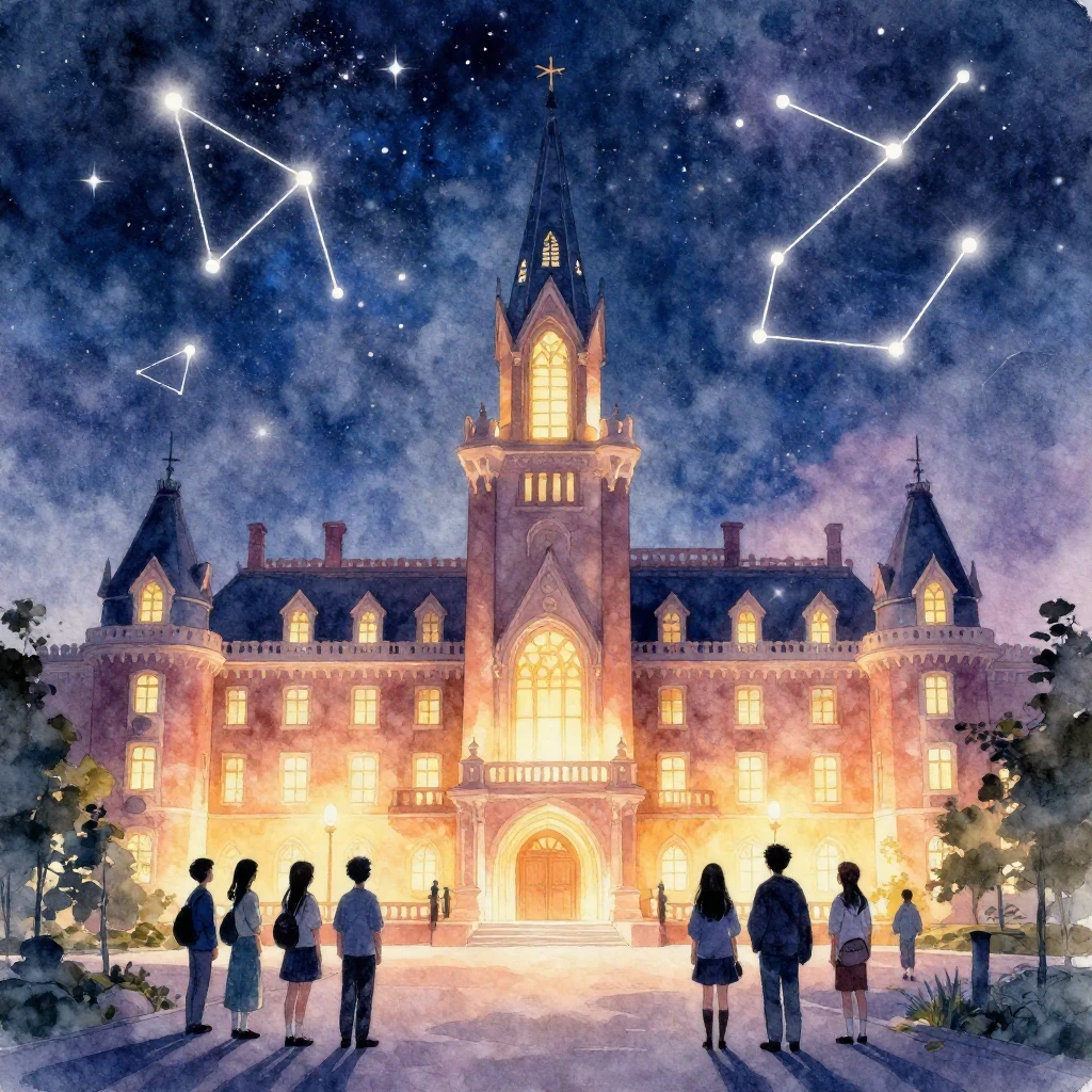 Watercolor painting of a grand, glowing magical school build...