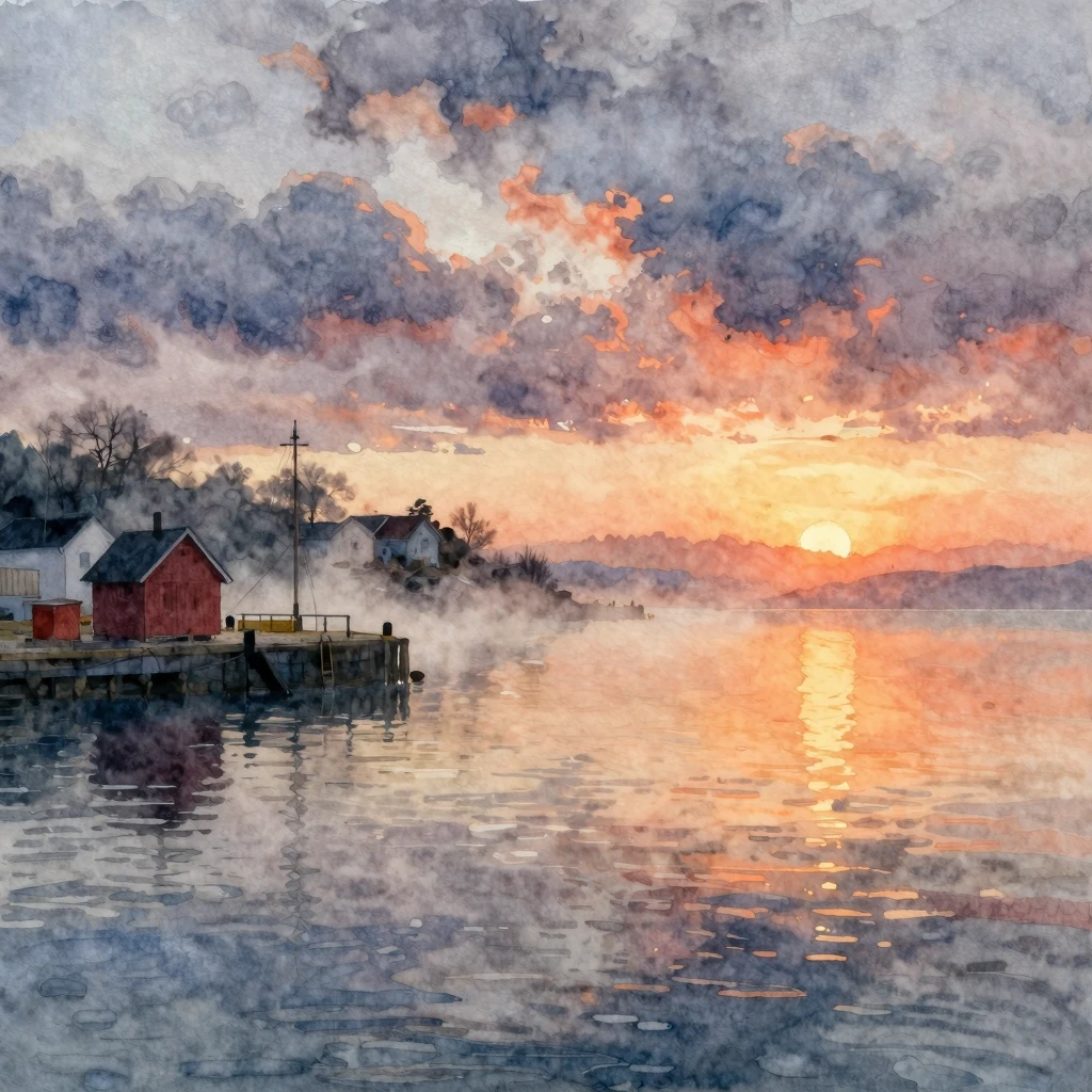 Watercolor style. A moody landscape. One side of the backgro...
