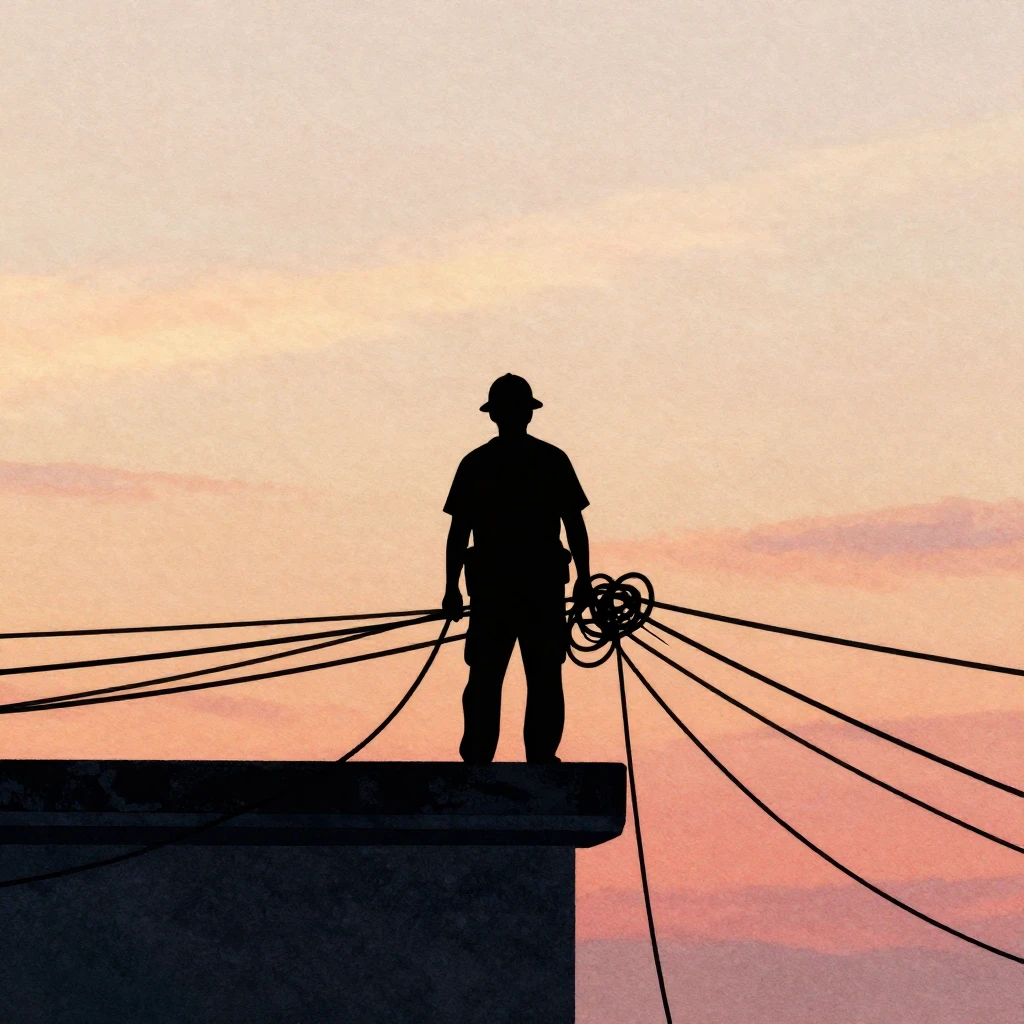 Watercolor style illustration of a worker silhouette on a hi...