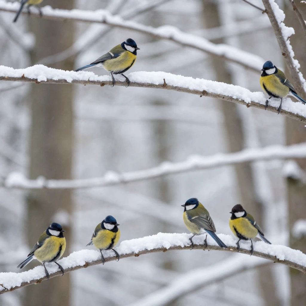 Various colorful birds perched on snow-covered branches in a...