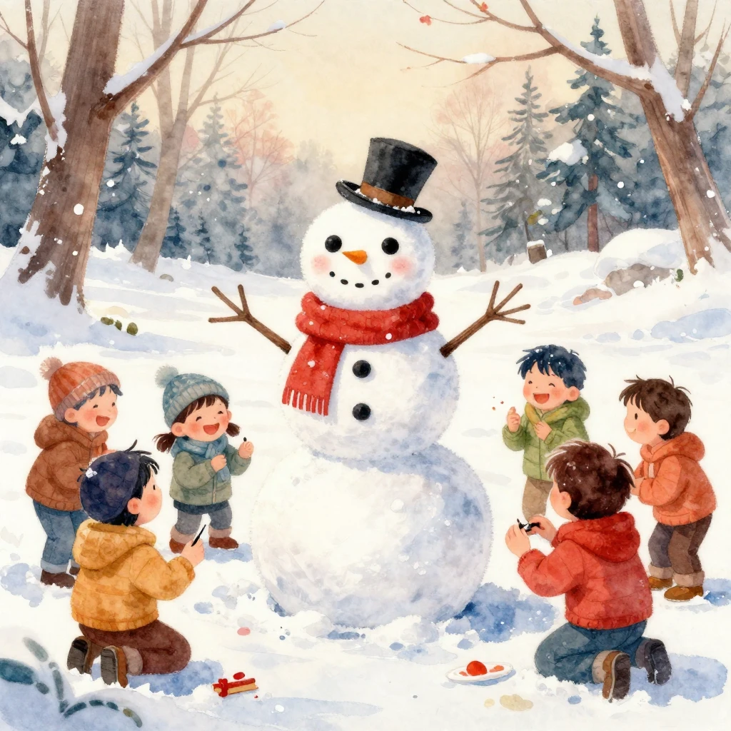 A vibrant watercolor painting of a cheerful snowman standing...