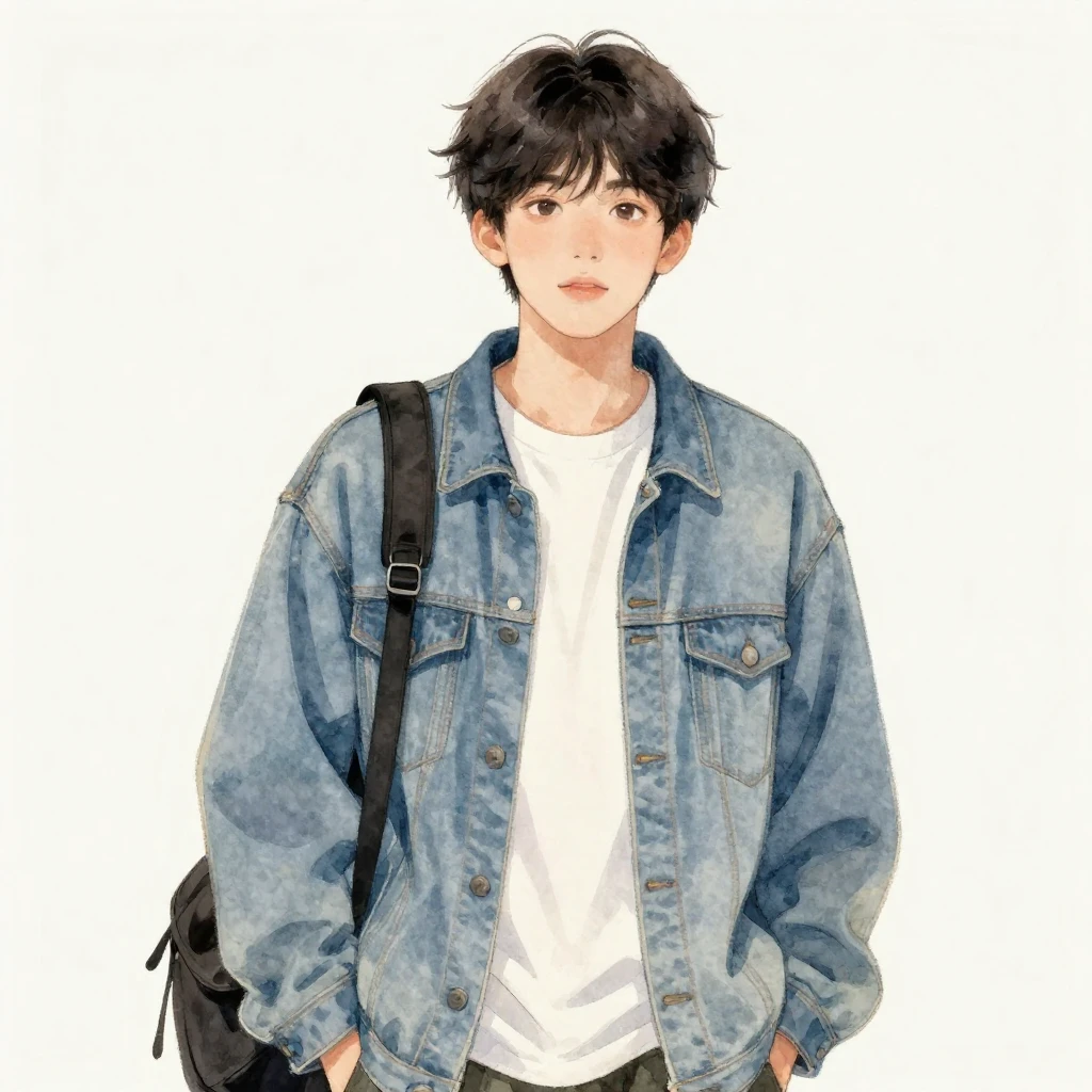 A young person in early 2000s fashion, baggy clothes, agains...