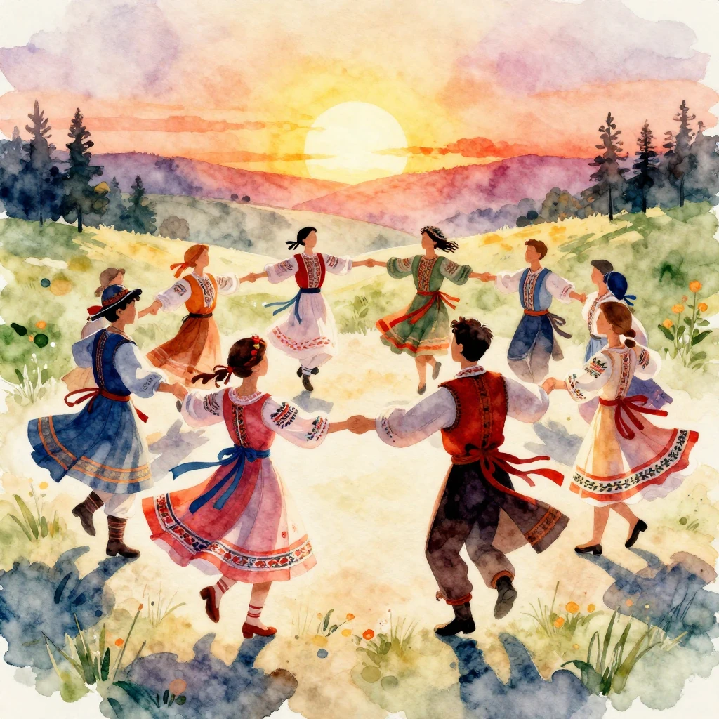 Vibrant watercolor style. Joyful Slavic folk dance, colorful...