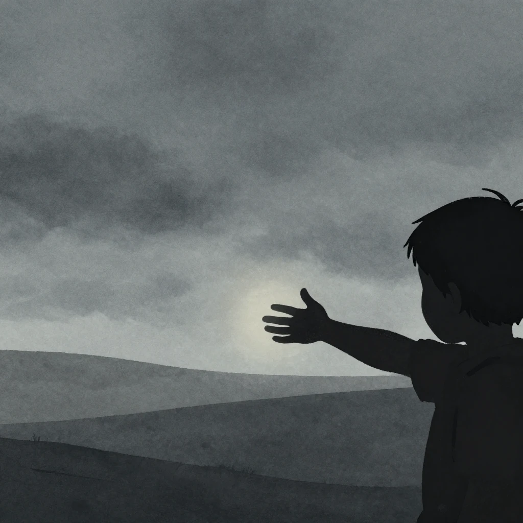 A somber, minimalist watercolor illustration. A silhouette o...