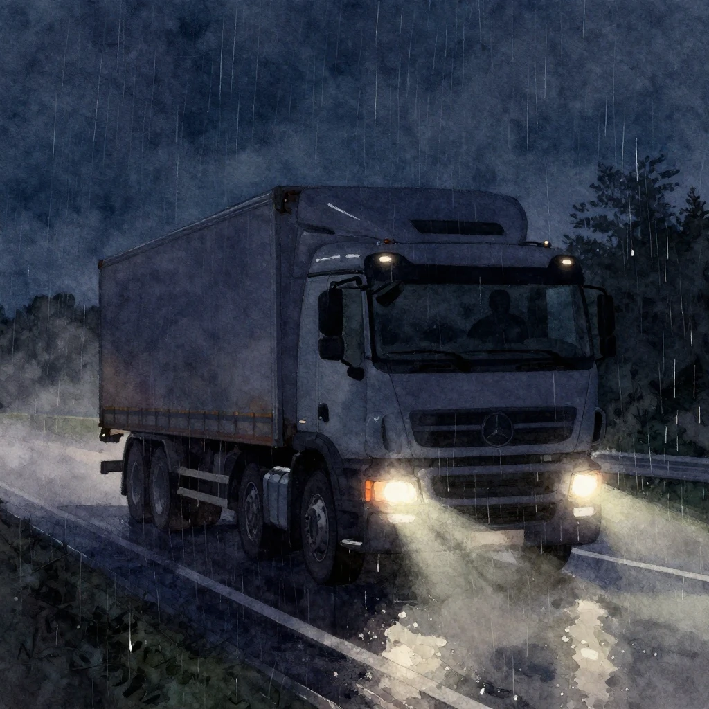 Watercolor painting of a lonely heavy truck on a rainy highw...