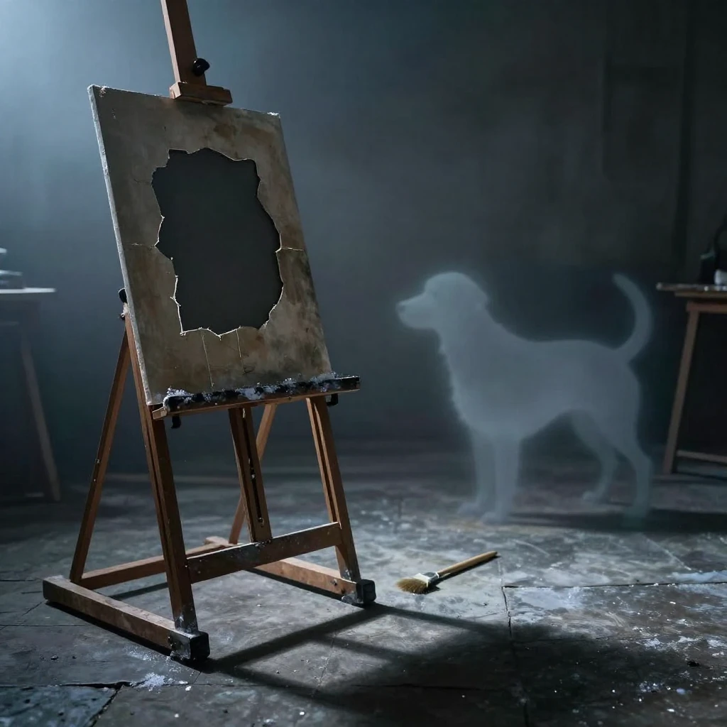 A dimly lit, cold artist's studio. In the foreground, a brok...