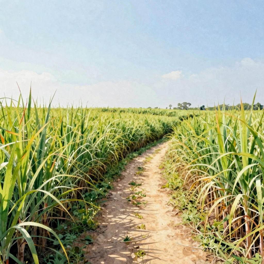 Vibrant watercolor style. Expansive sugar cane fields under ...