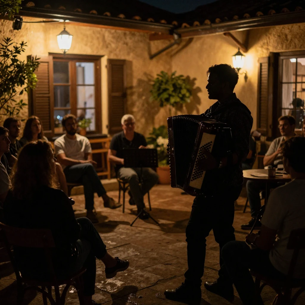 A silhouette of an accordion player in a cozy, dimly lit cou...