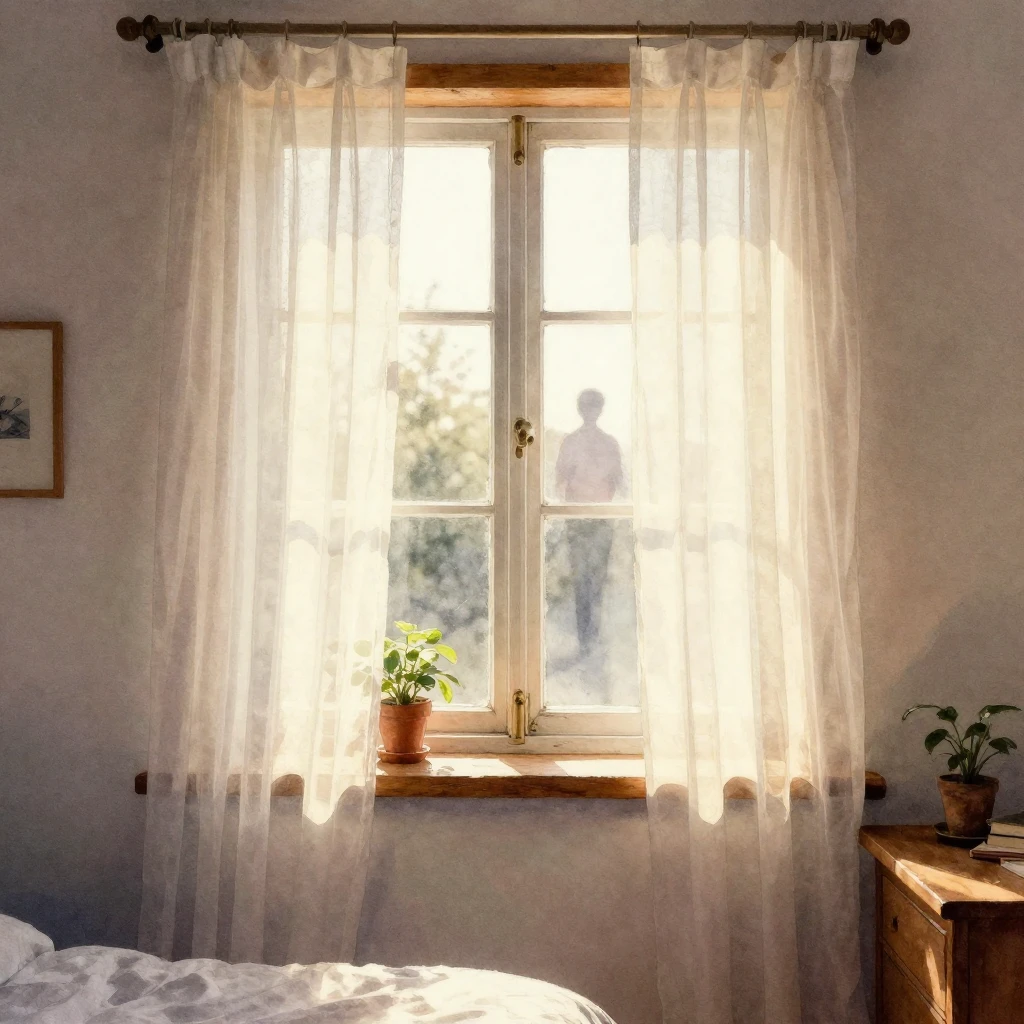 A watercolor painting of a cozy bedroom window, sheer white ...