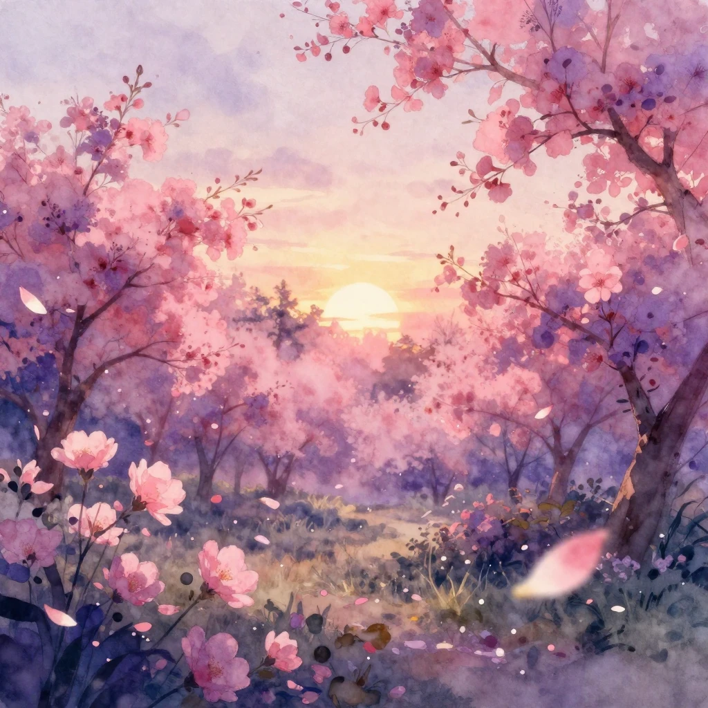 A dreamlike watercolor painting of a blooming garden at dusk...