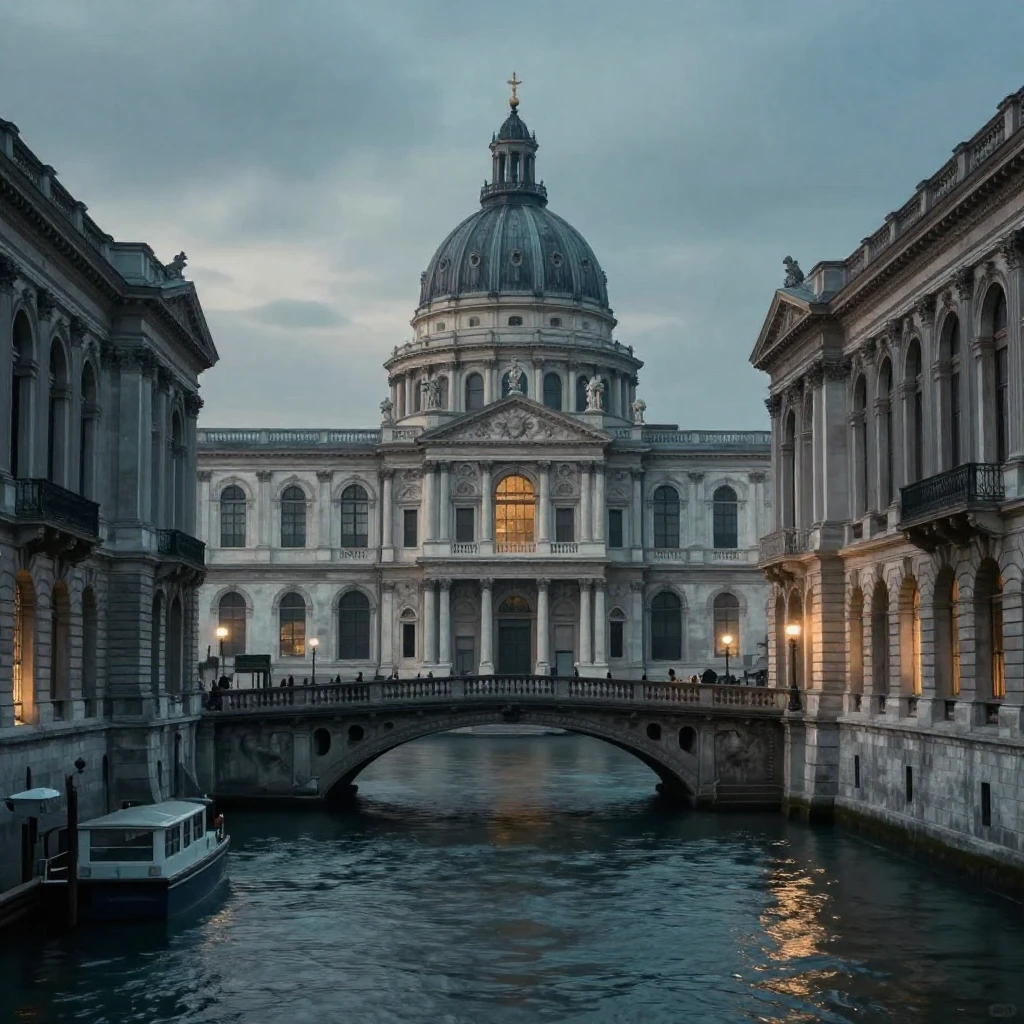 An operatic, majestic illustration focusing on iconic archit...