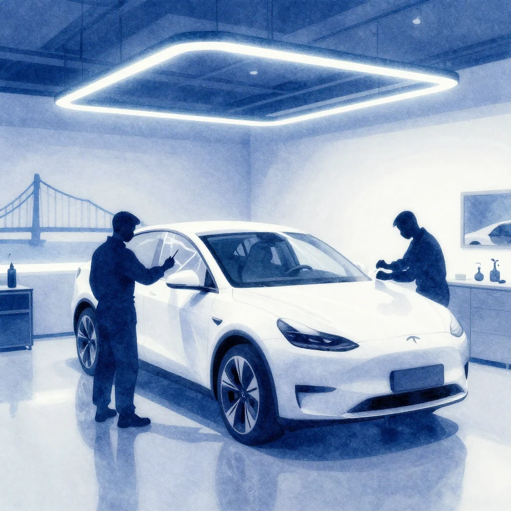 Watercolor painting of a professional car workshop interior....