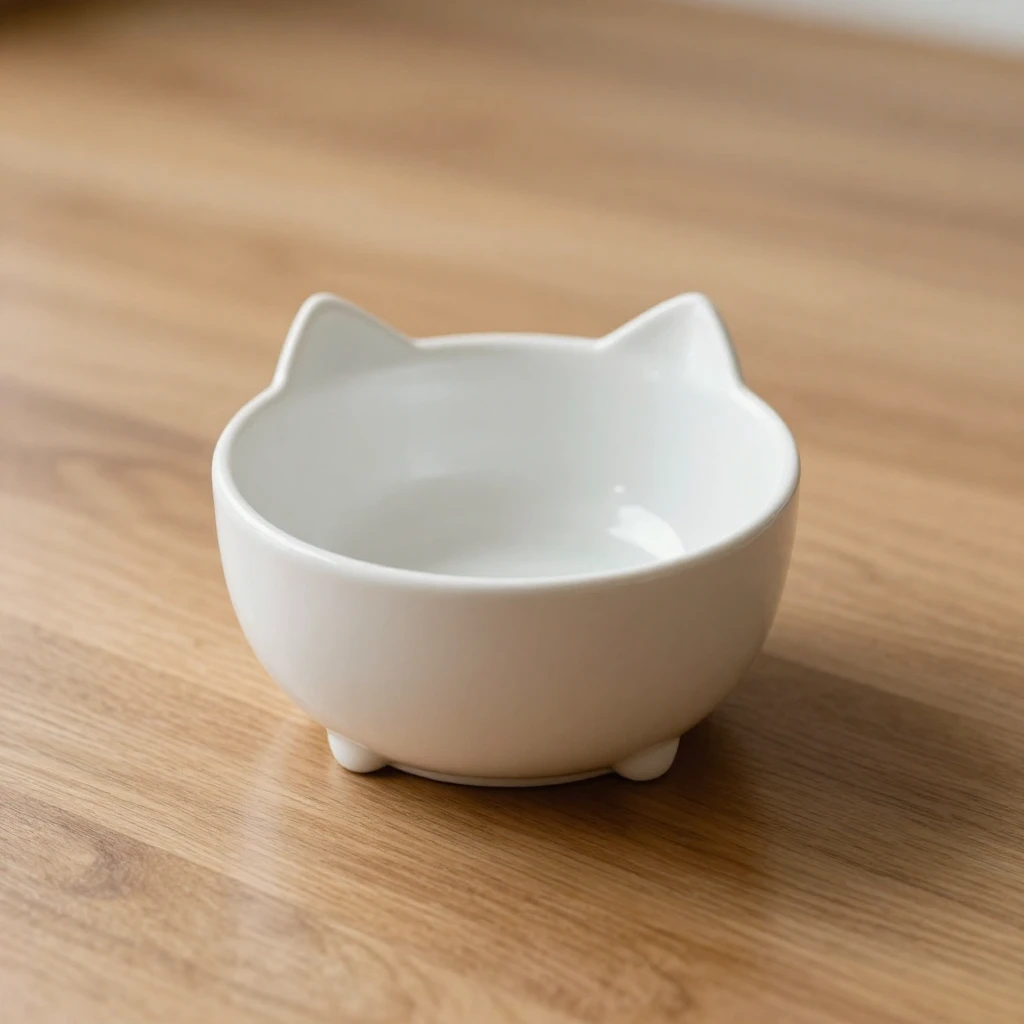 A minimalist close-up of a ceramic cat bowl on a polished wo...