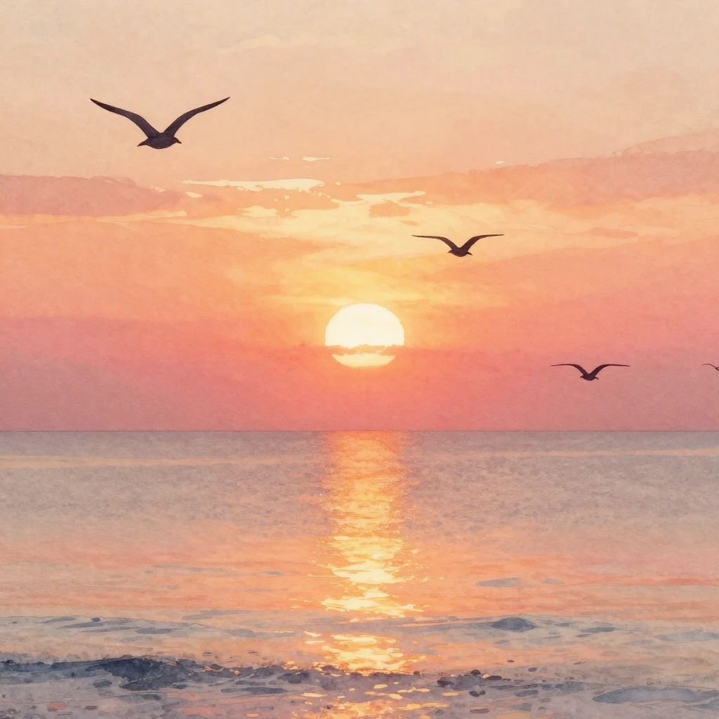 A beautiful watercolor painting of a vibrant sunrise over a ...