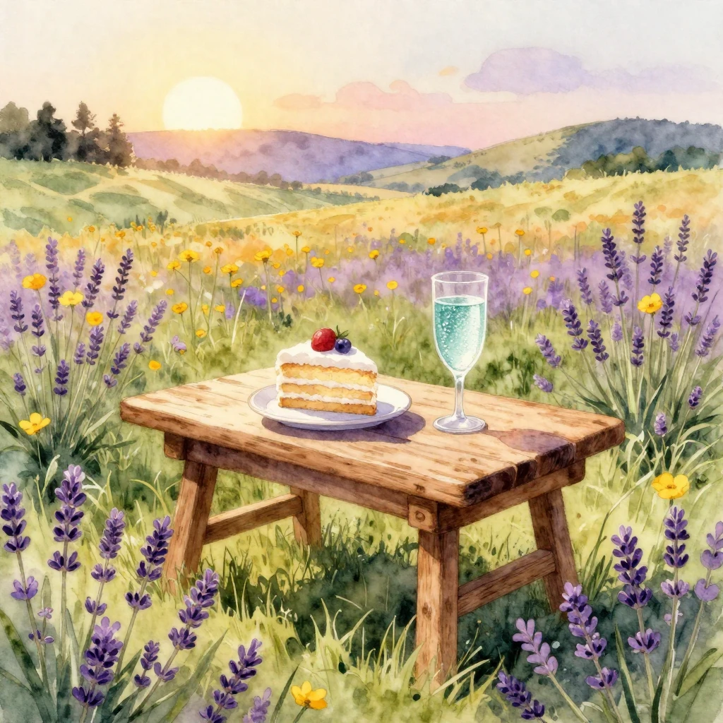 A watercolor illustration of a rustic wooden table with a de...