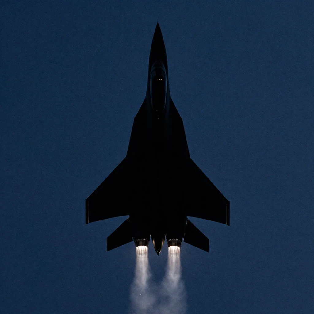 A sleek silhouette of a supersonic jet climbing vertically i...