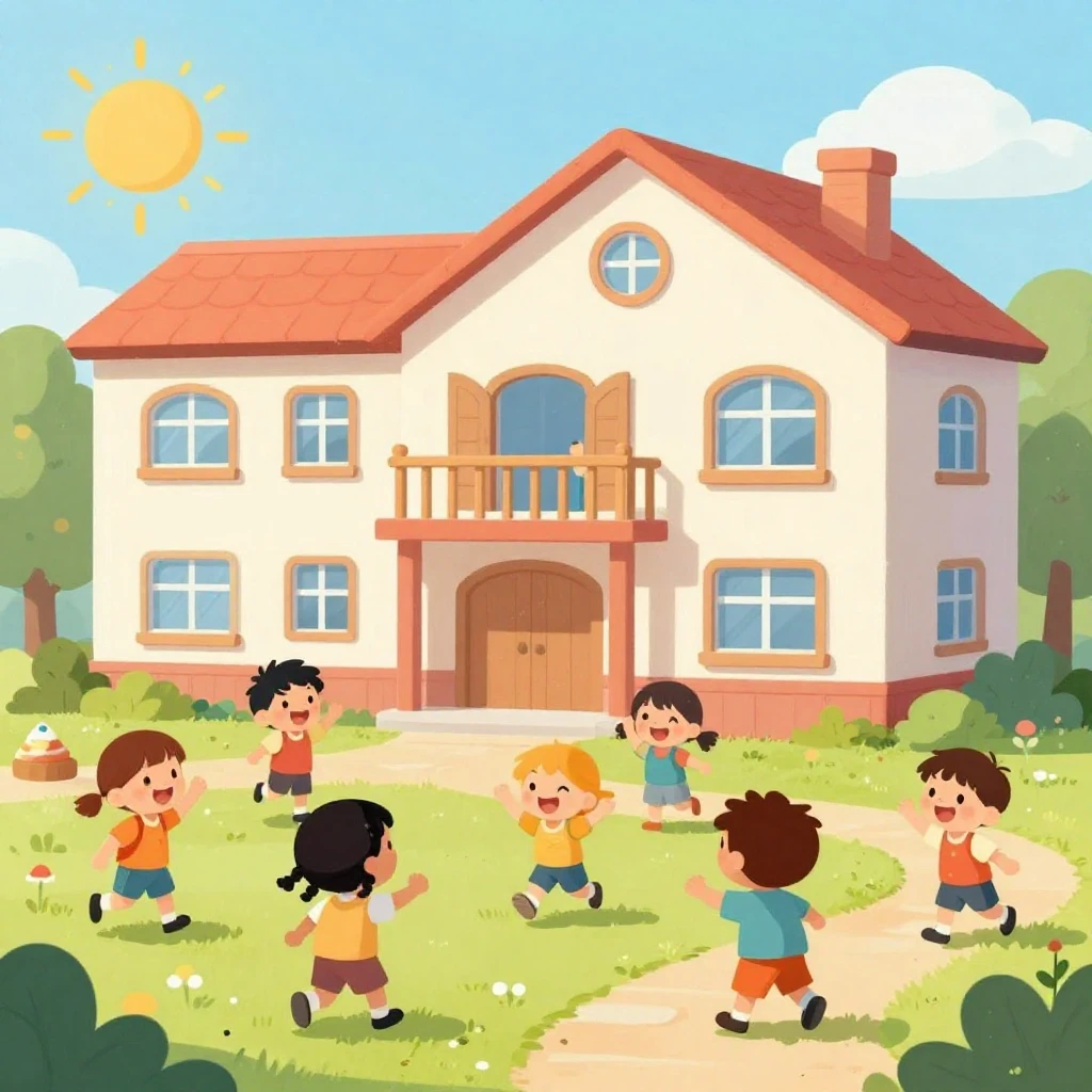 A vibrant, colorful children's illustration of a newly renov...