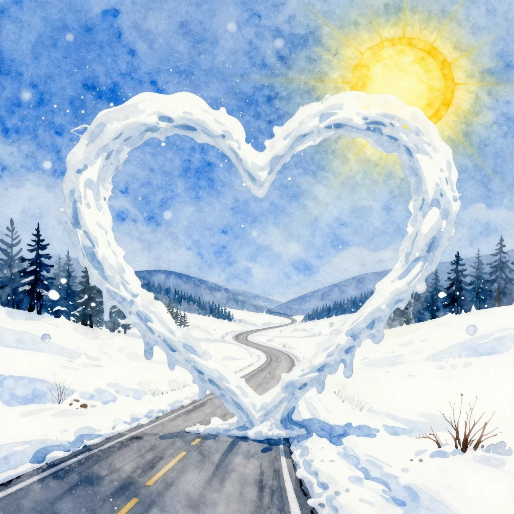 A vibrant watercolor painting showing a snowy landscape with...