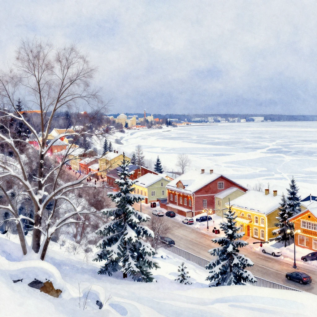 Vibrant watercolor style winter landscape of Severodvinsk, w...