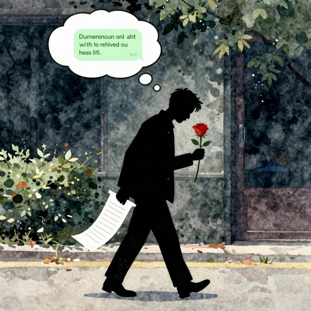 Vibrant watercolor style. Man's silhouette, tired, walking h...