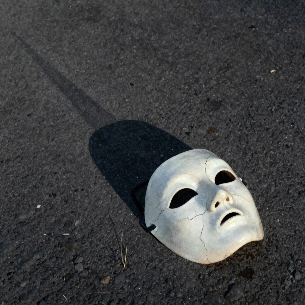 Watercolor painting of a cracked porcelain mask, lying on da...