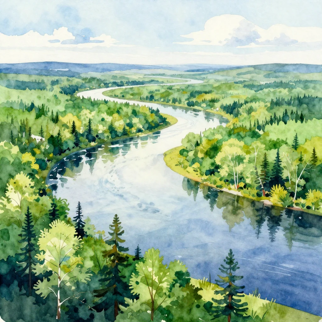Vibrant watercolor painting of Yakutia nature. Majestic Lena...