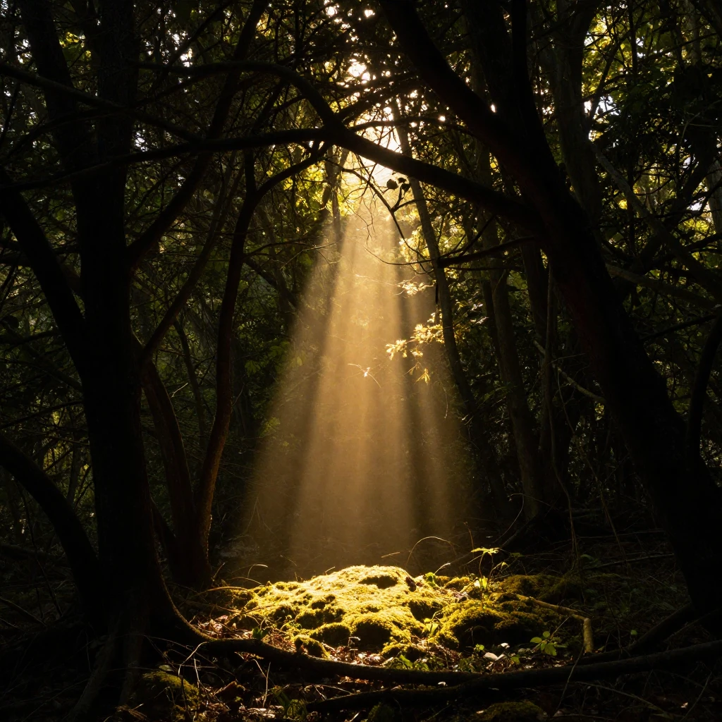 A single, bright ray of golden sunlight piercing through a d...