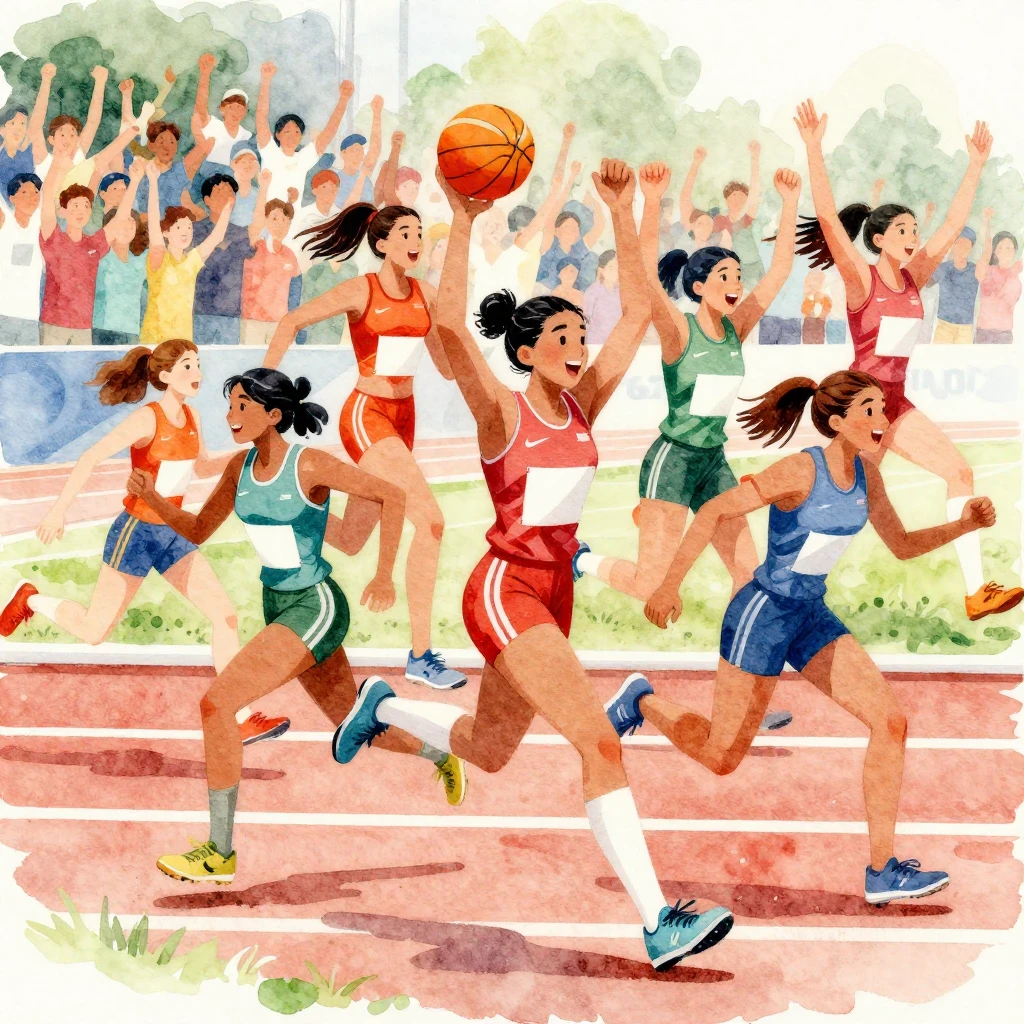 Vibrant watercolor illustration of female athletes in dynami...