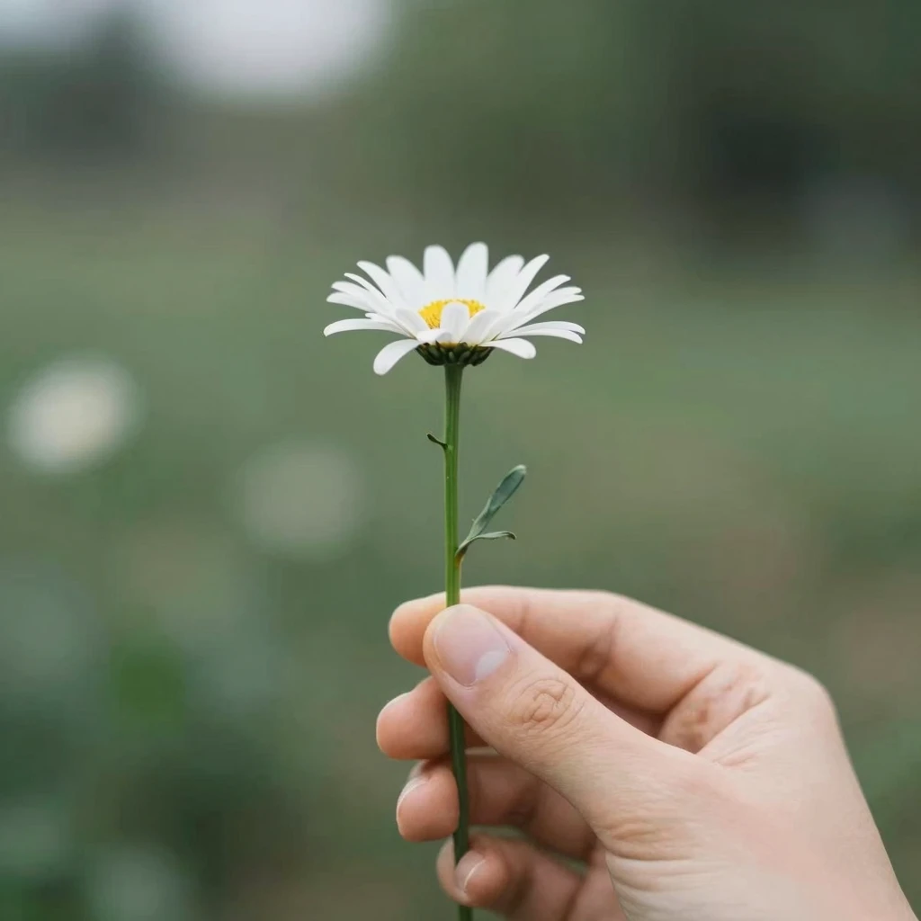 A close-up of a hand holding a bare green daisy stem with no...