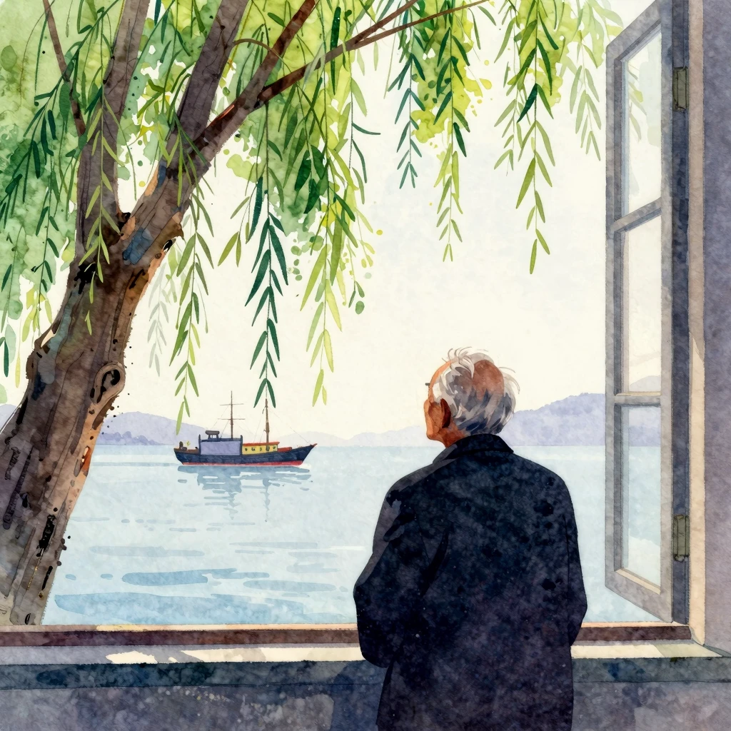 Vibrant watercolor style. A silhouette of an old man looking...