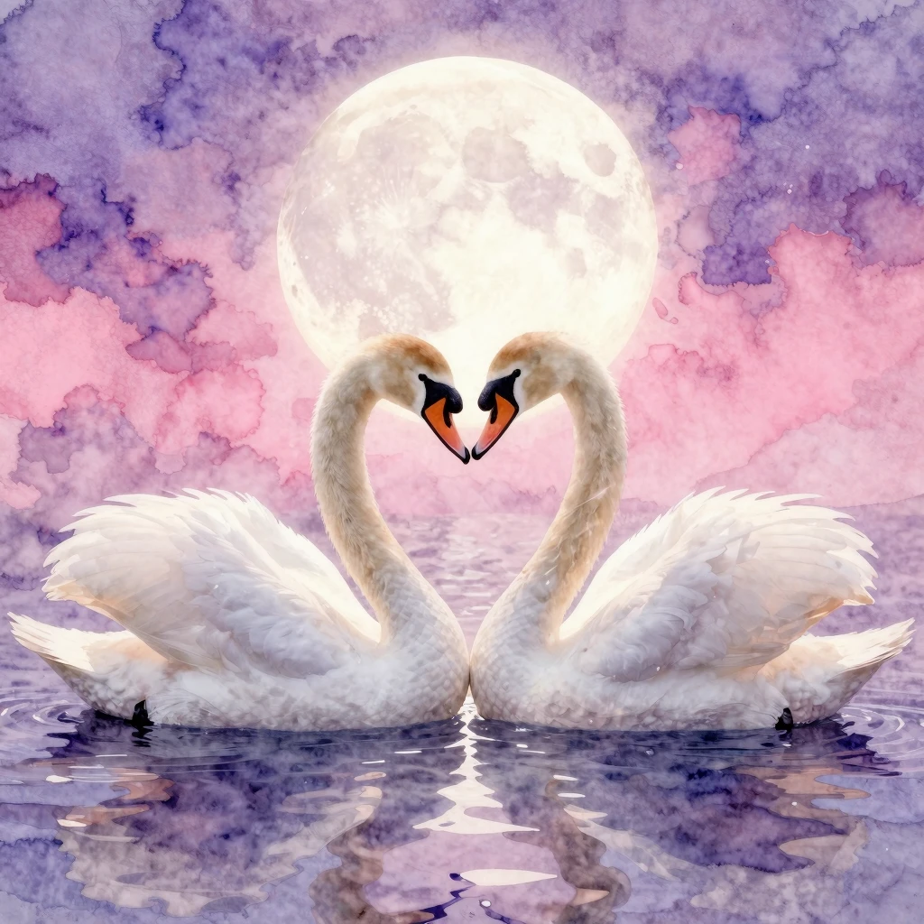 Watercolor painting of two swans forming a heart with their ...