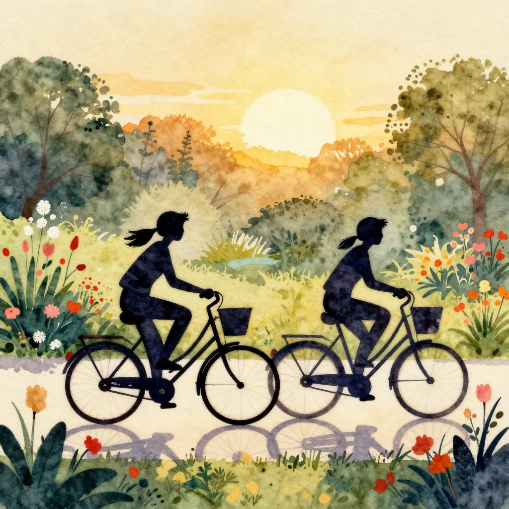 Watercolor painting of two friends as silhouettes on bicycle...