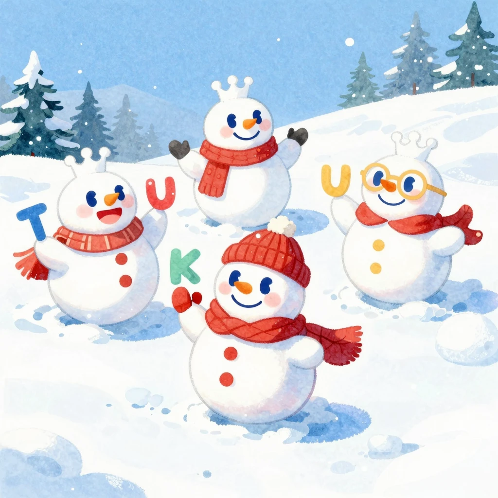 Vibrant watercolor illustration of cute cartoon snowmen danc...