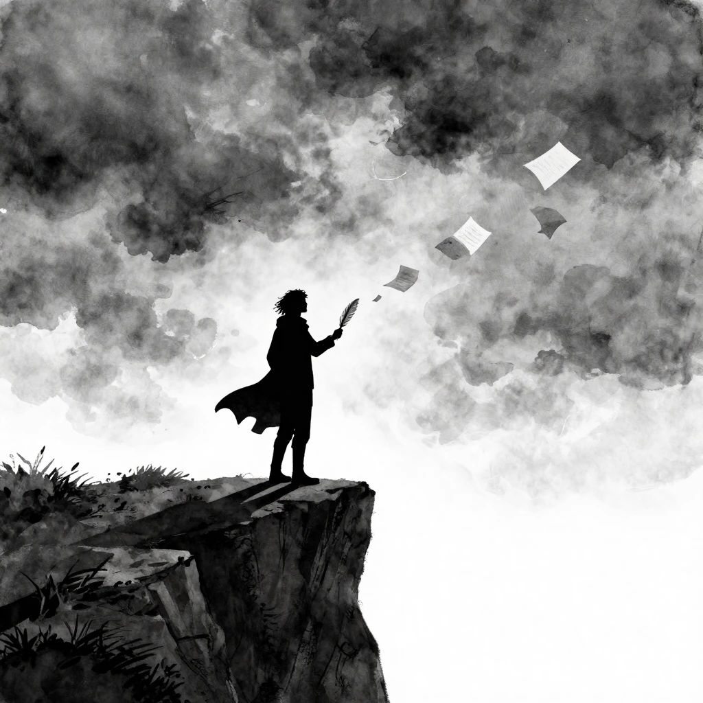 A lone silhouette of a poet standing on a cliff edge against...