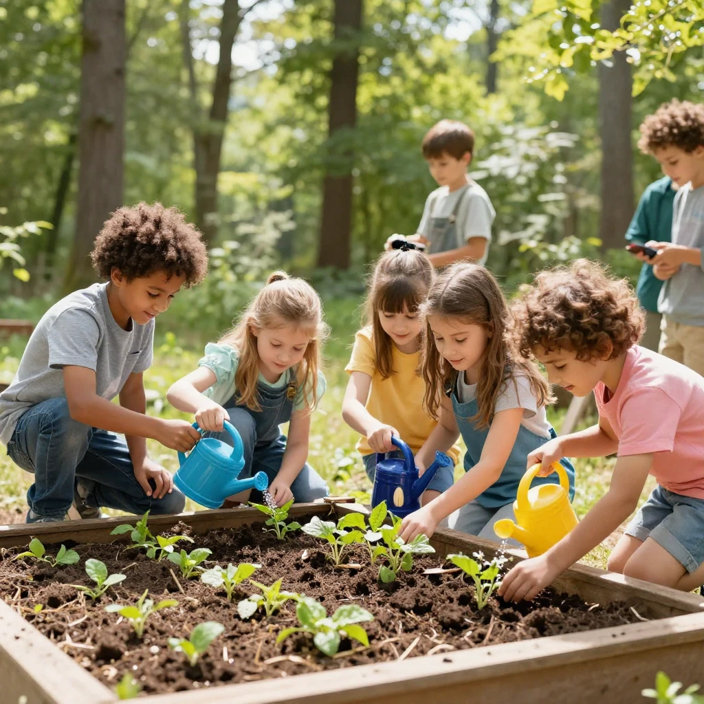 A group of diverse children, aged 5-10, happily engaged in g...